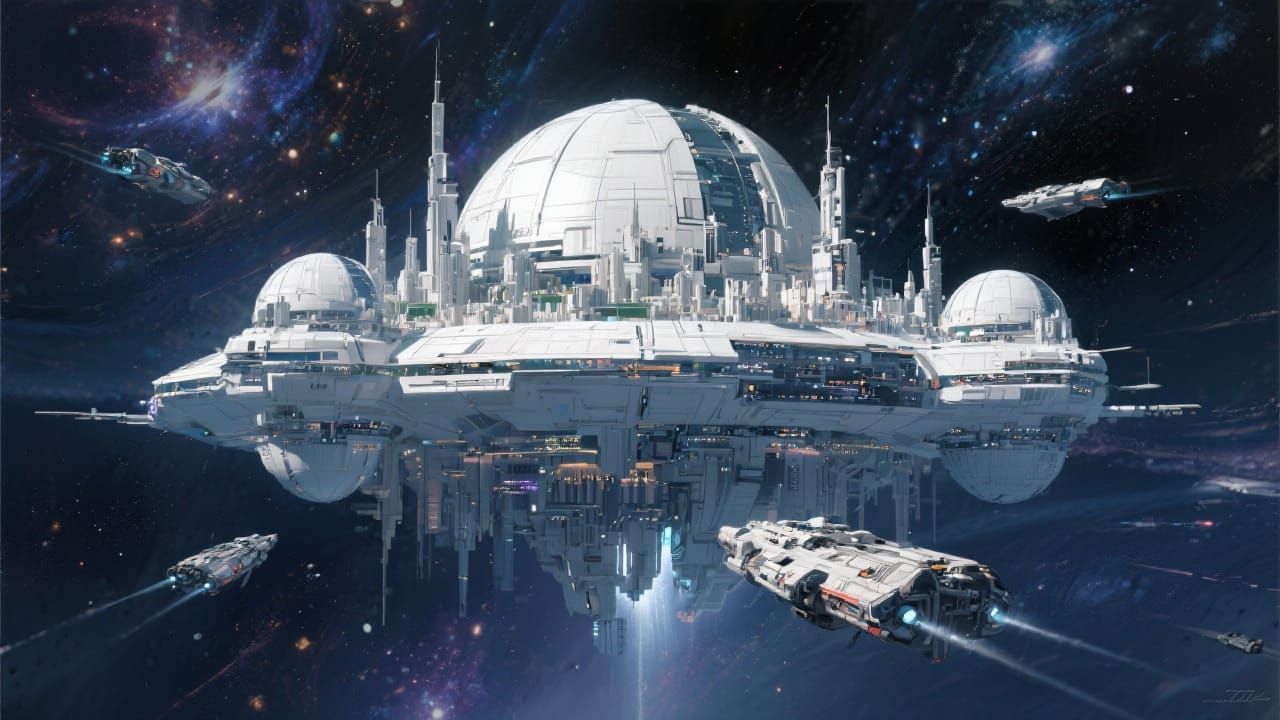 Futuristic City Drifting Through Interstellar Space