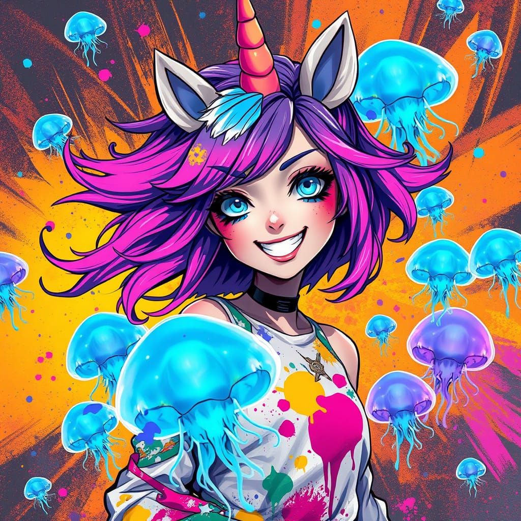 Anime Goddess with Unicorn Horn and Jellyfish Swarm