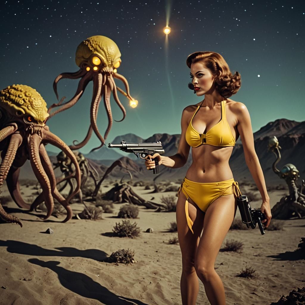 1950s Sci-Fi Woman Fighting Aliens with Ray Gun