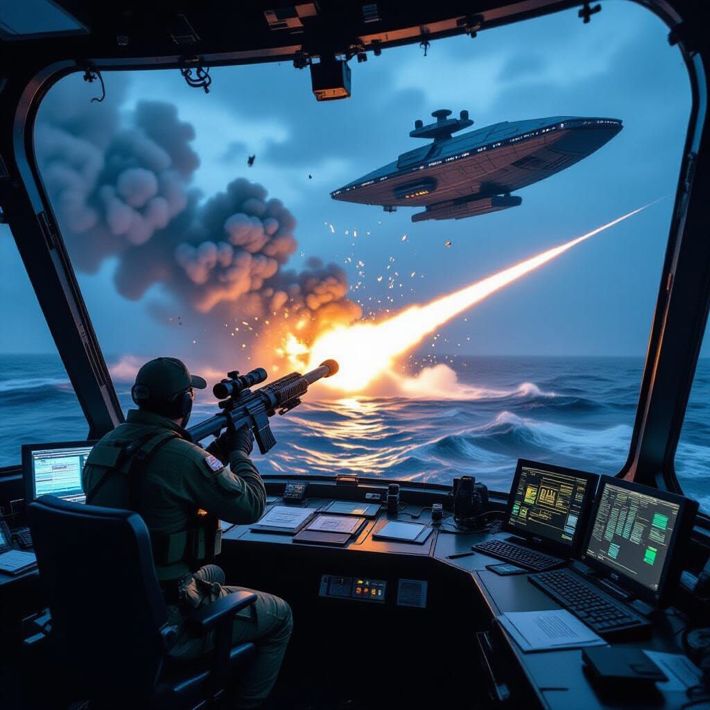 Commander Fires Plasma Beam at Spaceship Near Lighthouse