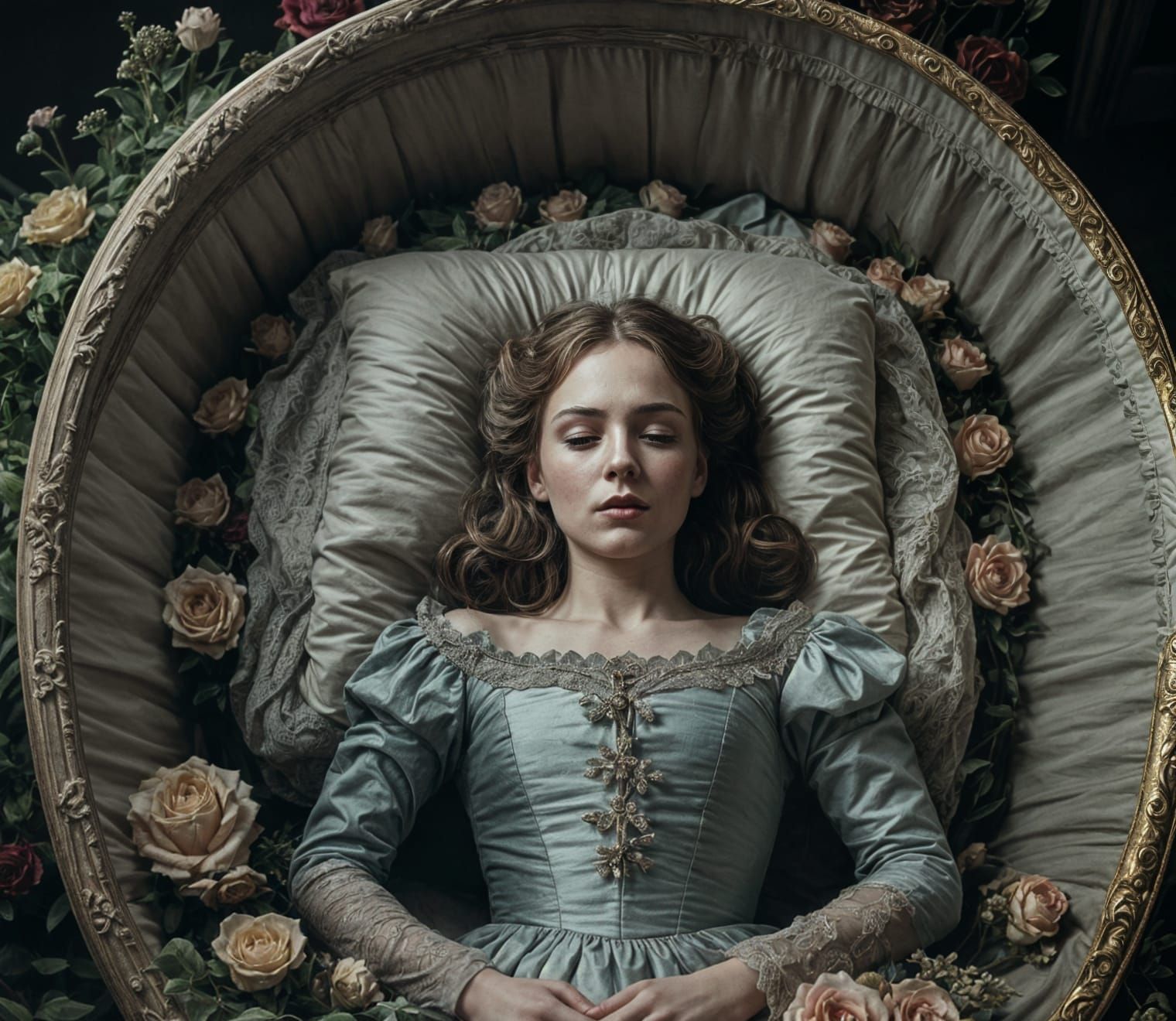 Haunting Victorian Woman in Casket: Cinematic Film Still