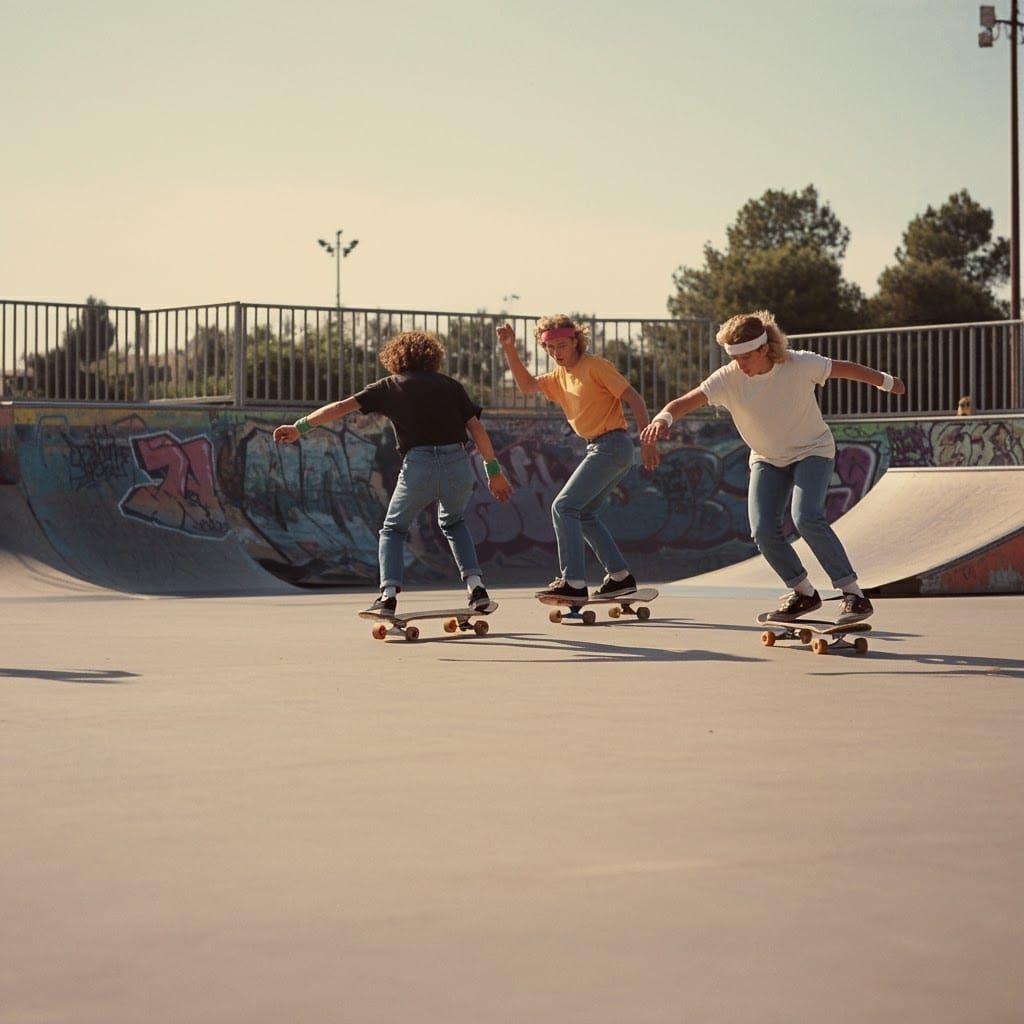 Retro 80s Teenagers Skateboarding in Graffiti Park