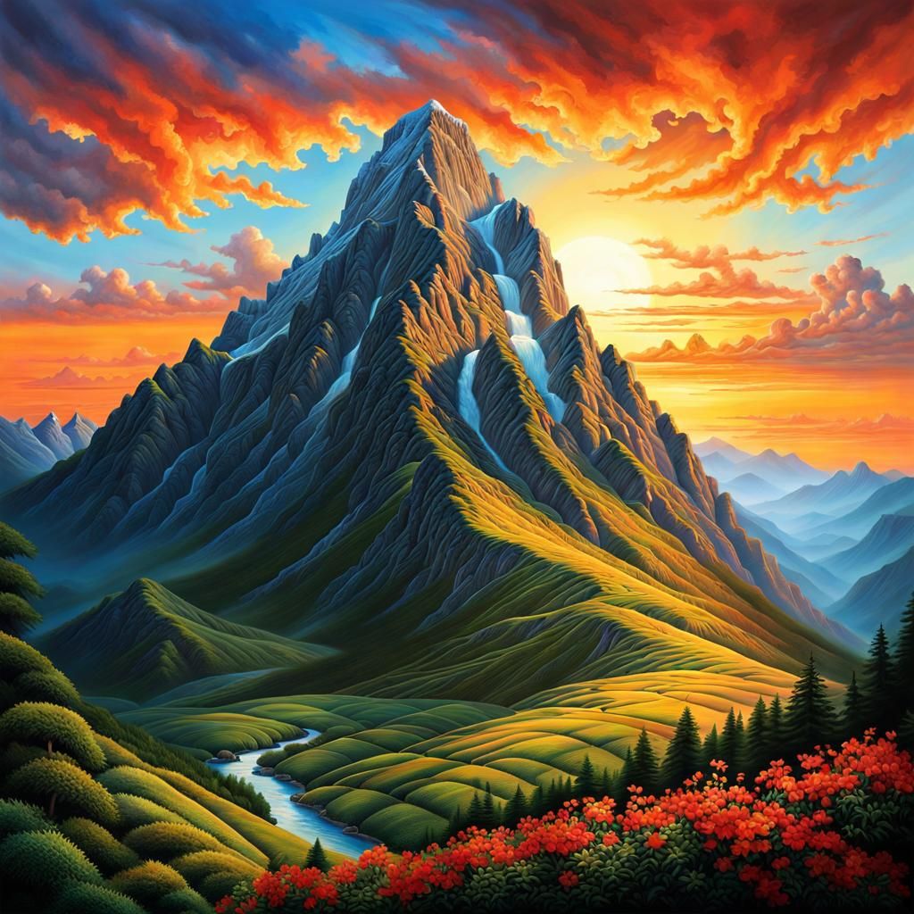 Hyperrealistic Mountain Valley at Sunrise and Sunset
