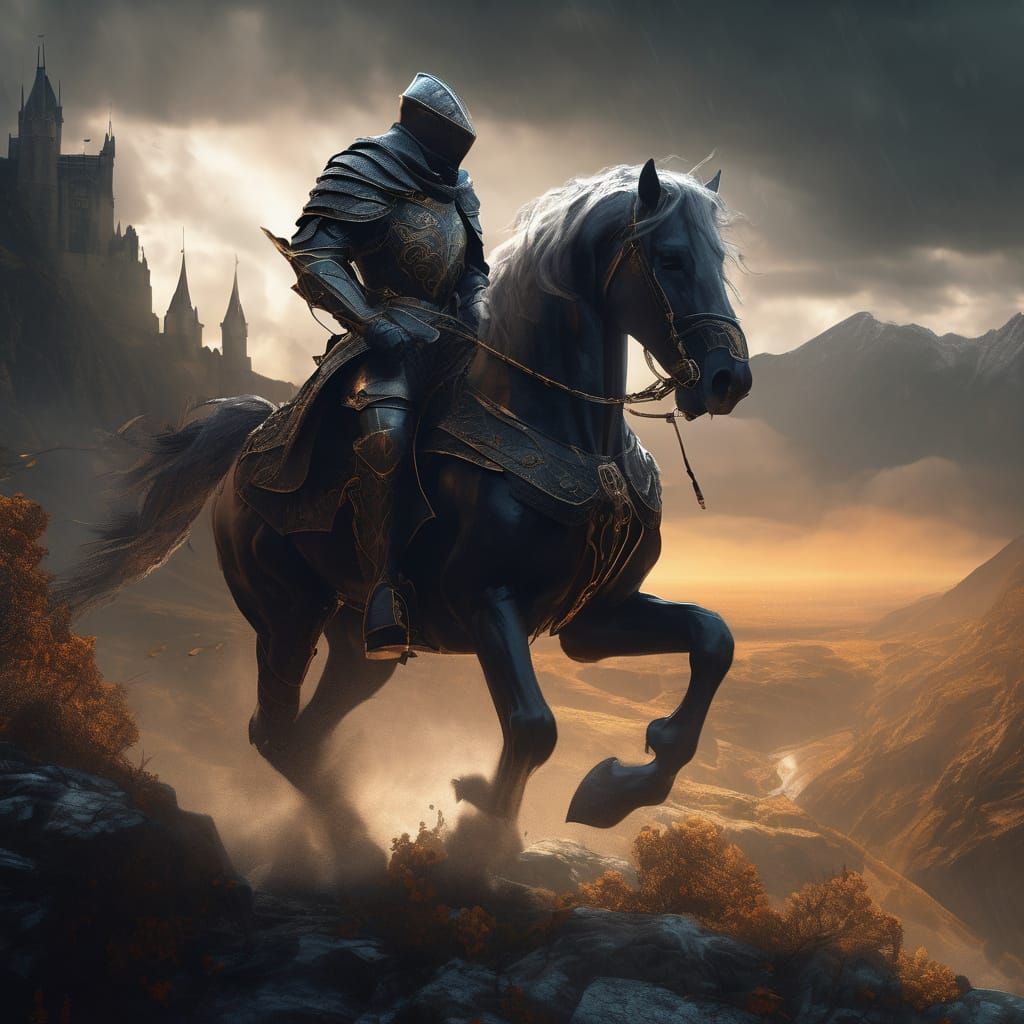 Knight Rides Through Storm to Burning Castle