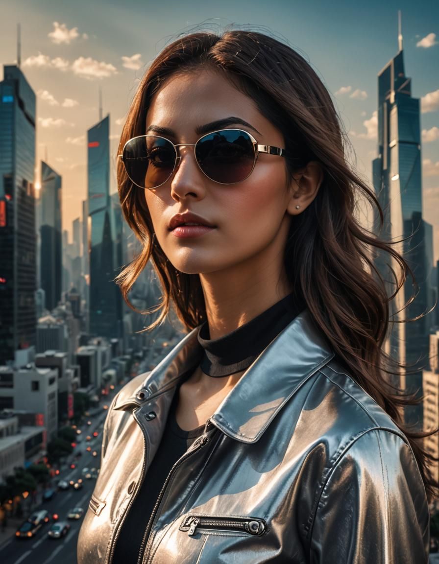 Futuristic Cityscape Reflection in Sunglasses Portrait