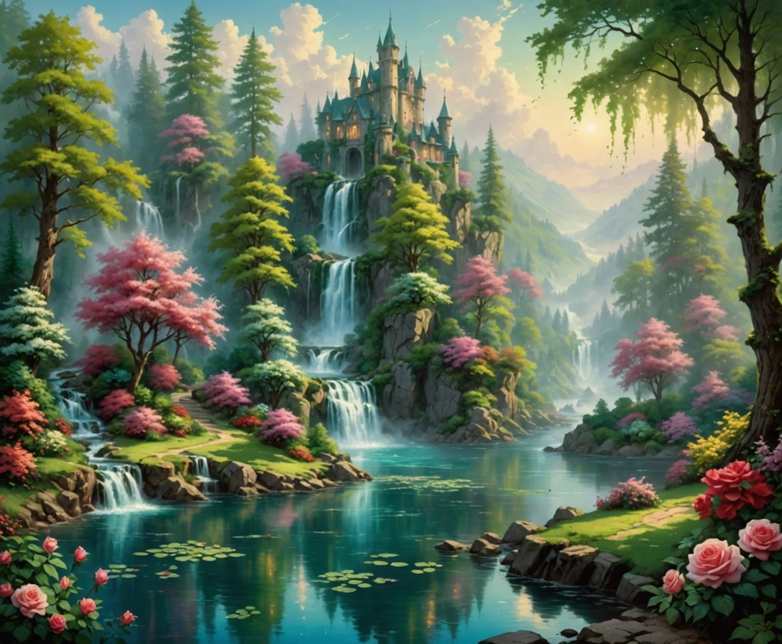 Enchanted Woodland Lake with Roses and Waterfalls in Realist...