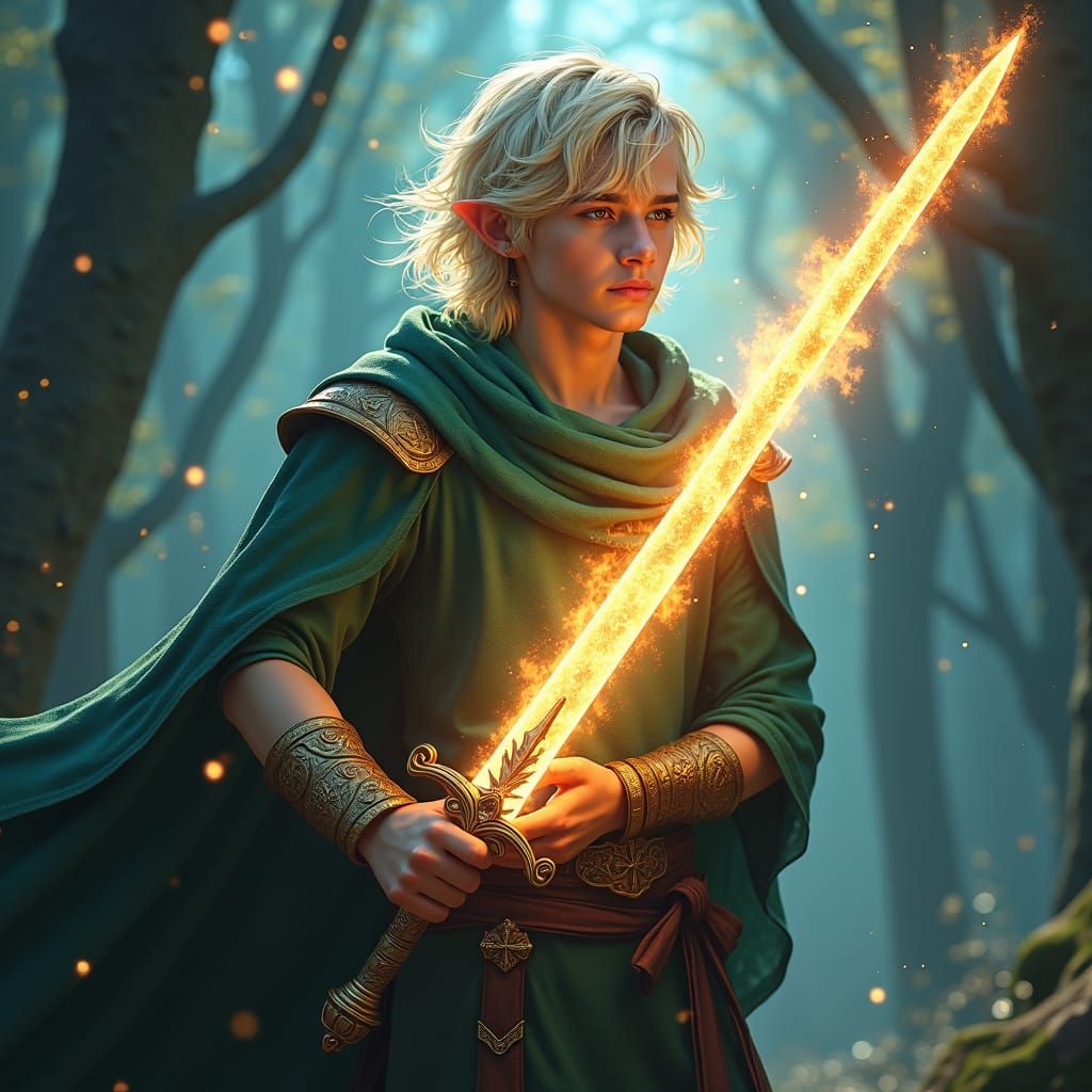 Teen Elf-Lord with Blazing Sword Fantasy Art