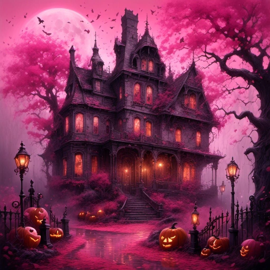 Pink Halloween Haunted House in Cyberpunk Watercolor Style