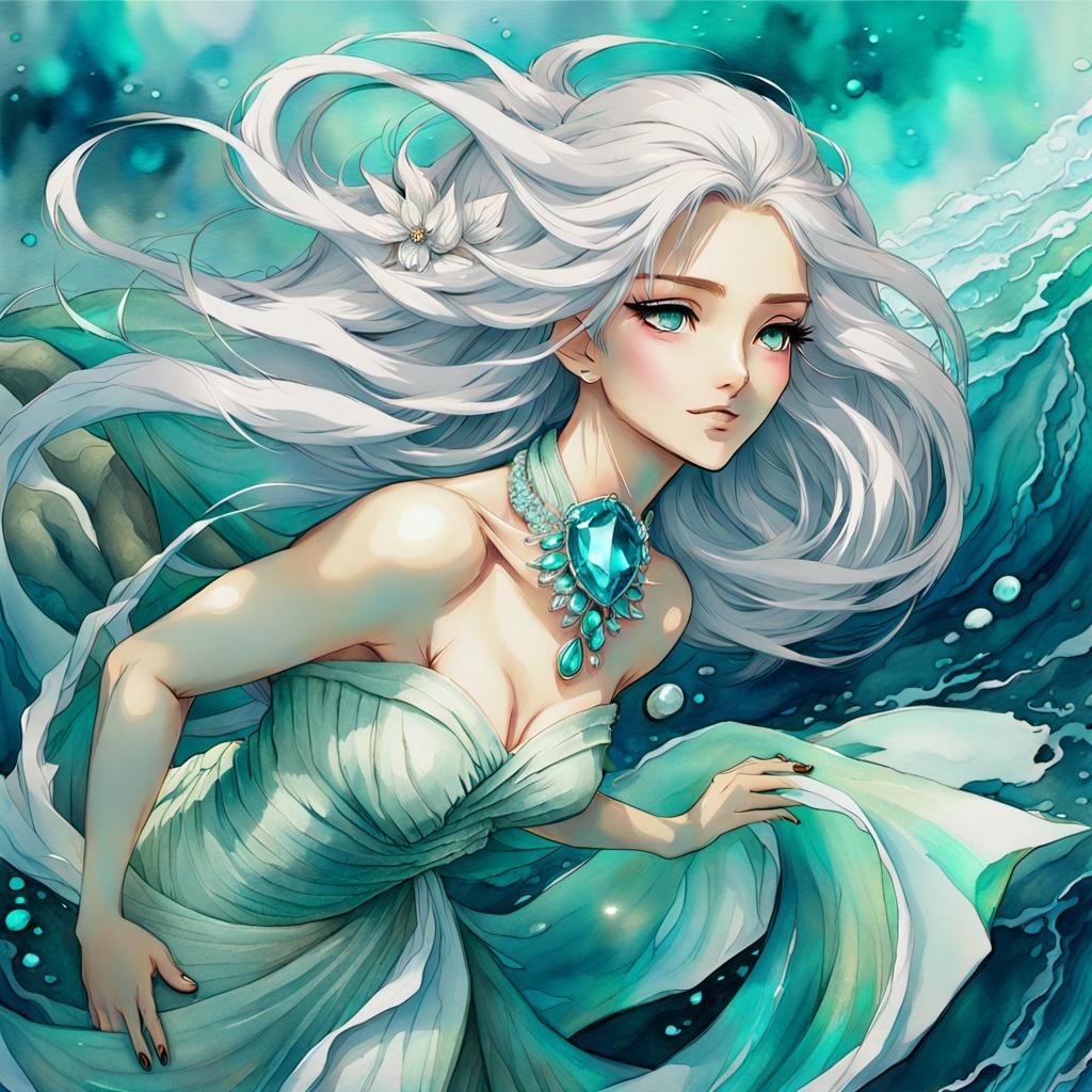 Silver-Haired Siren in Anime Style with Turquoise Jewel