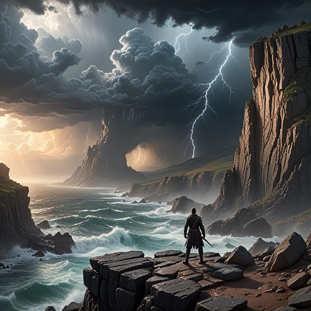 Epic Stormy Landscape with Silhouetted Figure in Cyberpunk S...