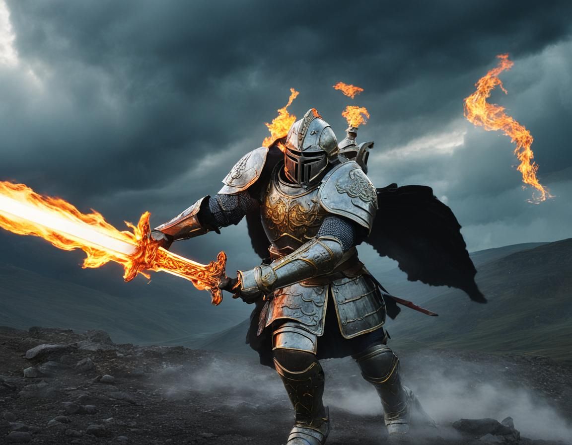 Armored Angel with Flaming Sword in Storm
