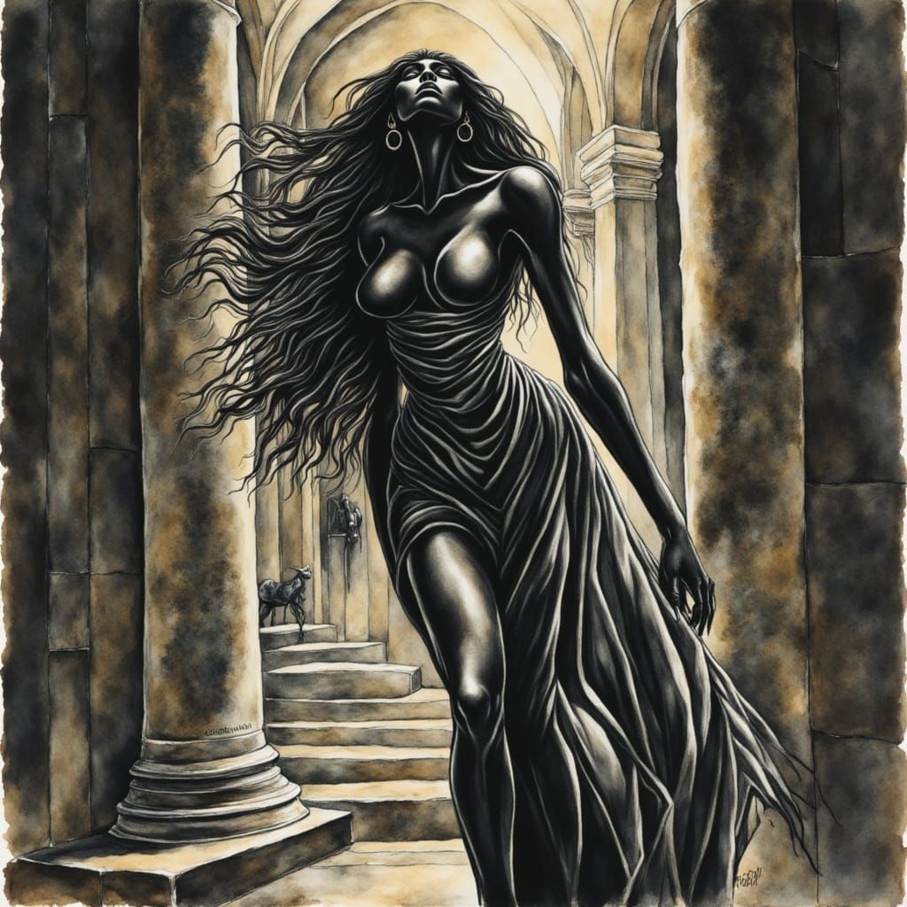 Eerie Goddess in Shadowy Castle: Watercolor Portrait