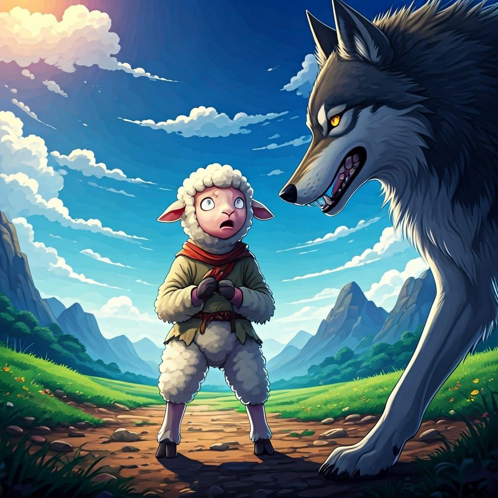 Anime Lamb Confronts Wolf with Fearful Resolve