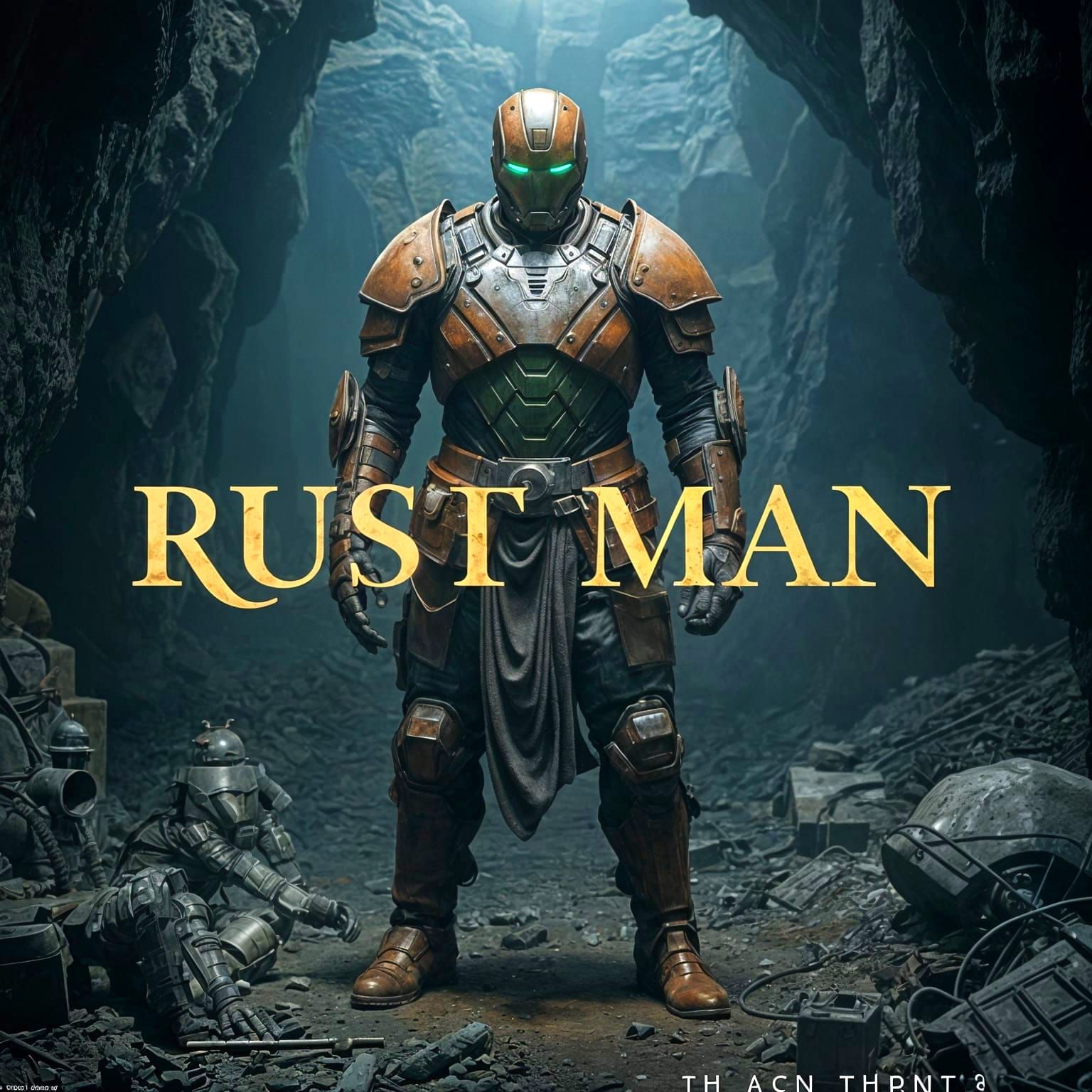 Rusted Armored Figure in Cave: Digital Rendering