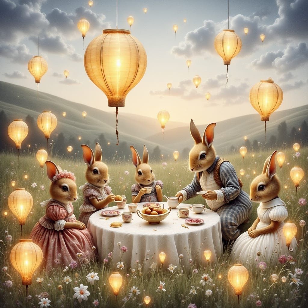 Rabbits in Victorian Attire at a Tea Party