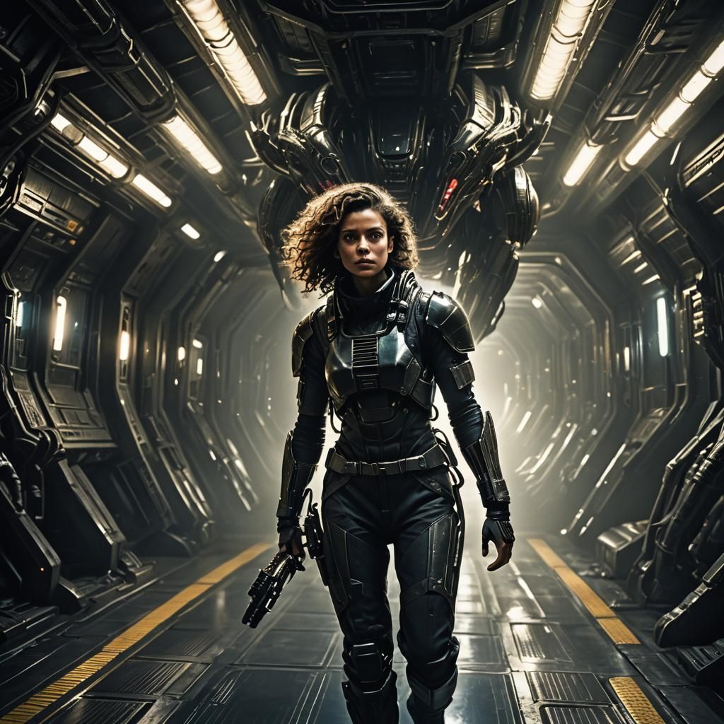 Girl Confronts Xenomorph in Dark Spaceship Corridor
