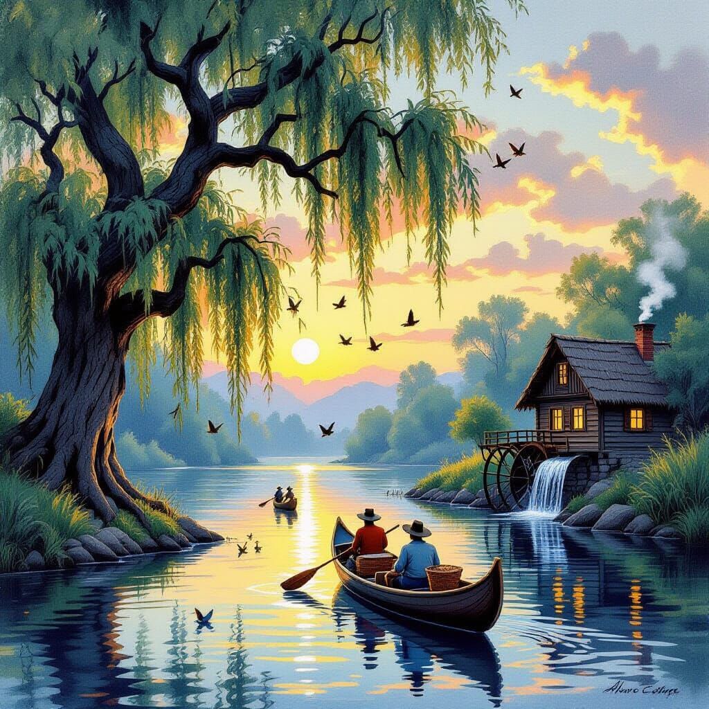 Riverside Scene at Dusk in Watercolor Style