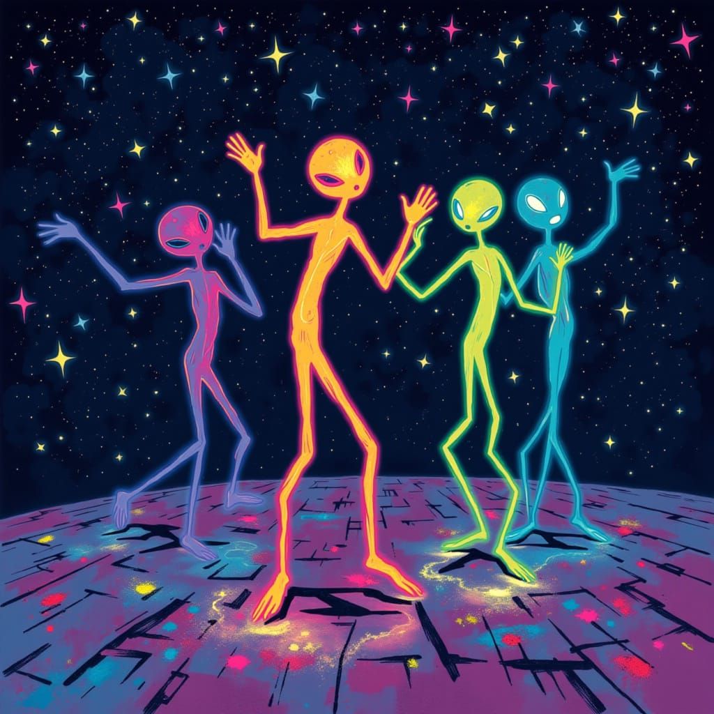 Whimsical Long-Limbed Aliens Dancing on Starry Floor