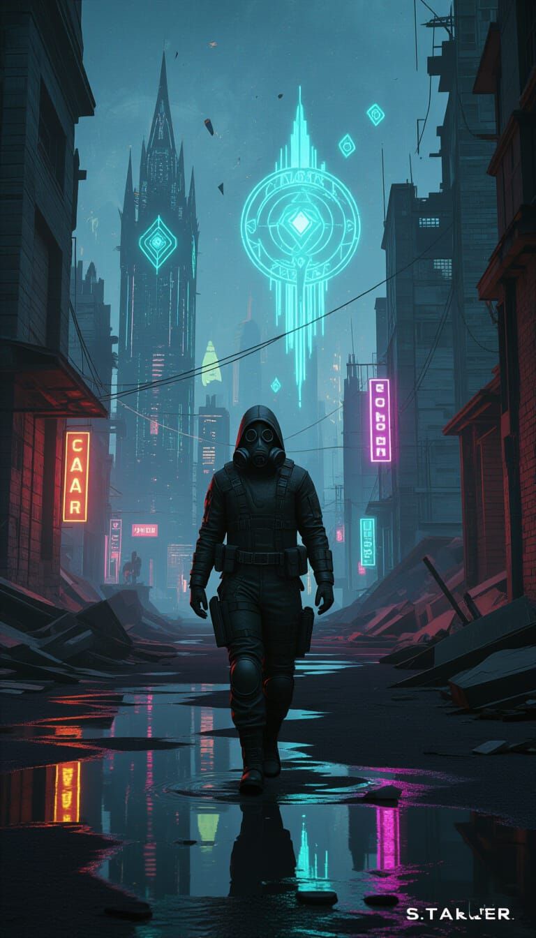 Lone Stalker in Mystical Post-Apocalyptic City