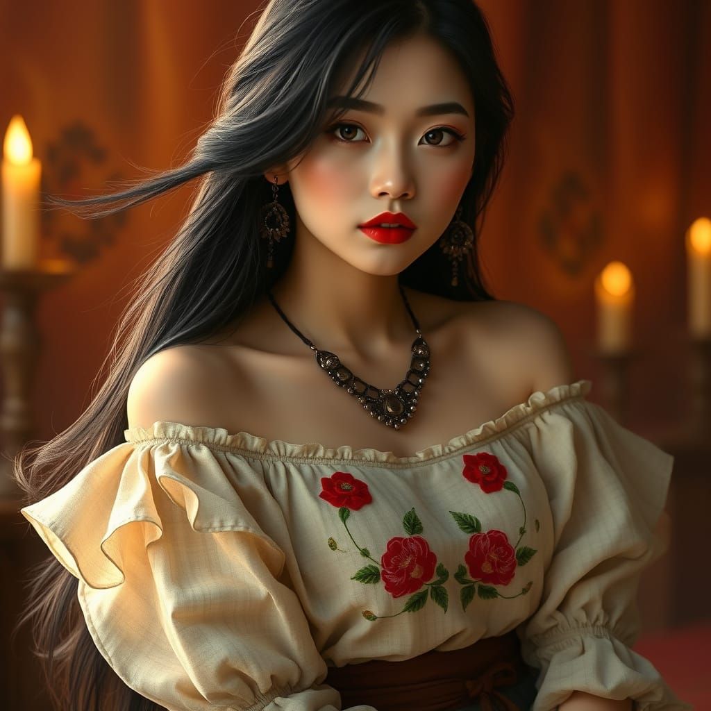 Thai Woman with Red Roses in Candlelight