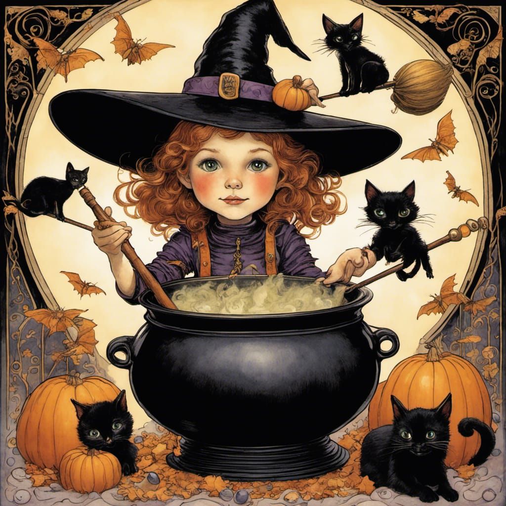 Charming Witch Scene with Bats and Cats