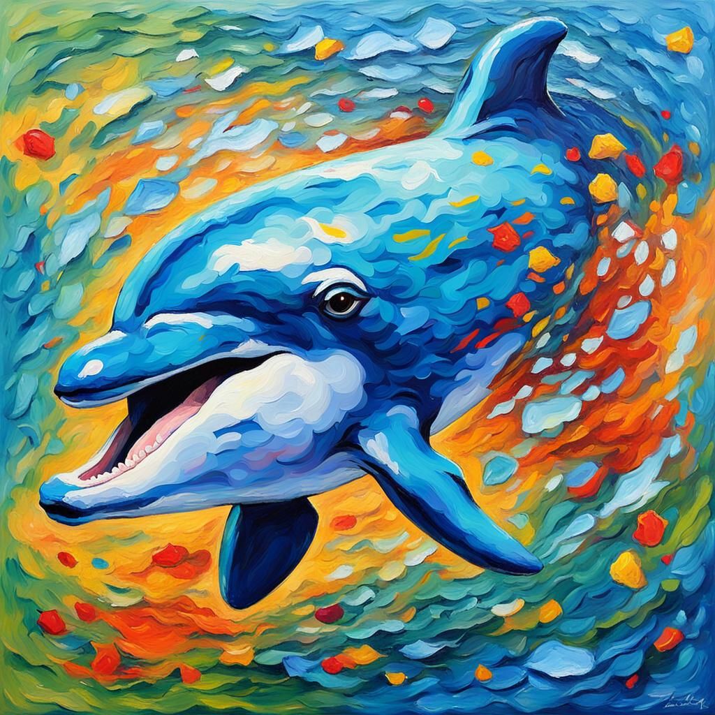 Cute Baby Dolphin in Expressionist Oil Painting