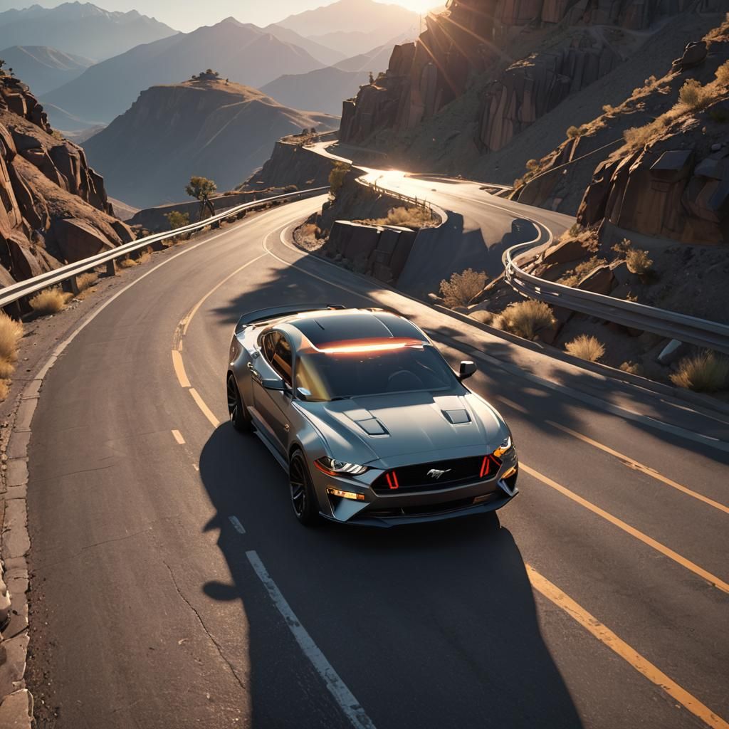 Girl Drives Mustang on Mountain Road in Anime Art