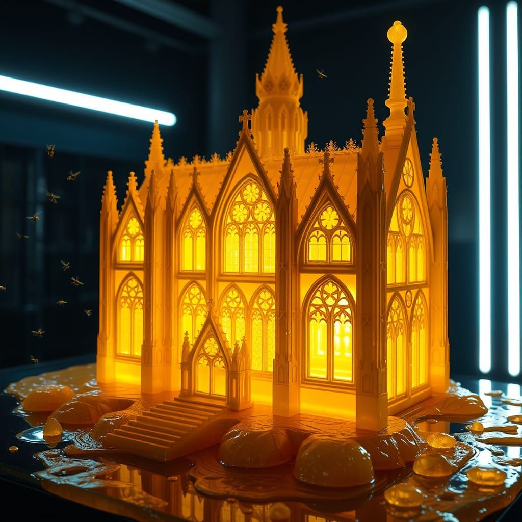 hyperrealistic wax-and-honey sculpture reveals a glowing Gothic cathedral, carved from golden beeswax, slowly melting in...