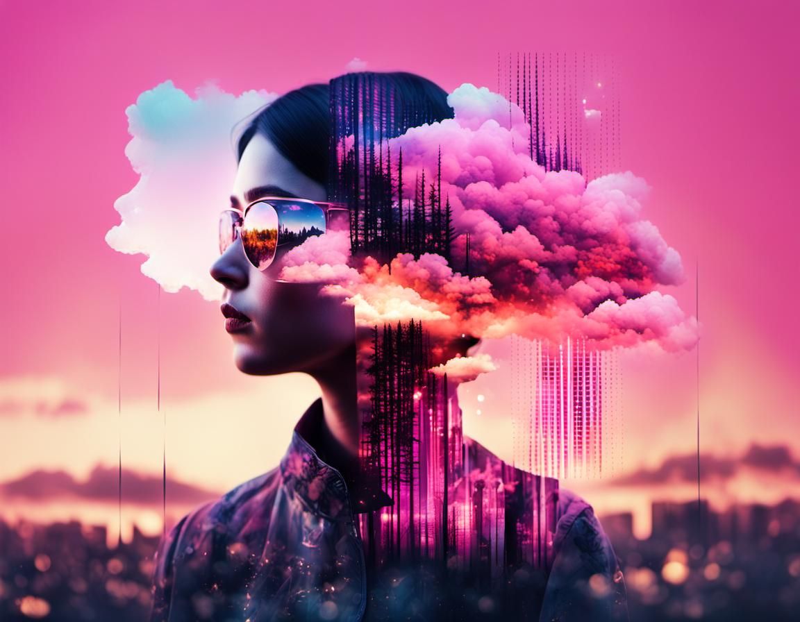 Surreal Double Exposure Portrait in Vibrant Pink Haze