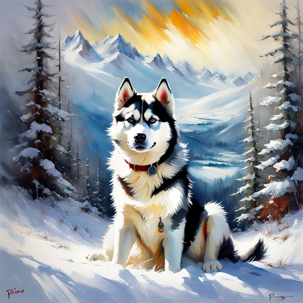 Joyful Siberian Husky in Winter Landscape
