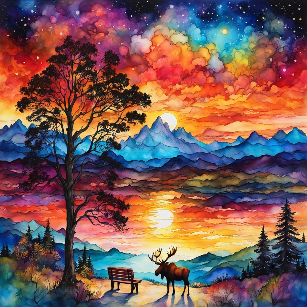 Sunset Park Bench Moose in Alcohol Ink Style