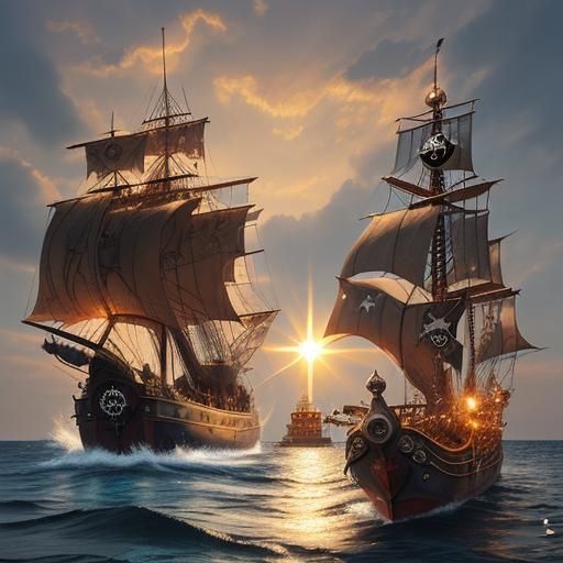 Steampunk Pirate Ship on Peaceful Sea