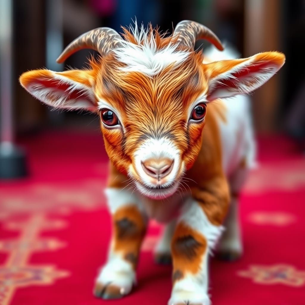 Cute Baby Goat Struts Red Carpet