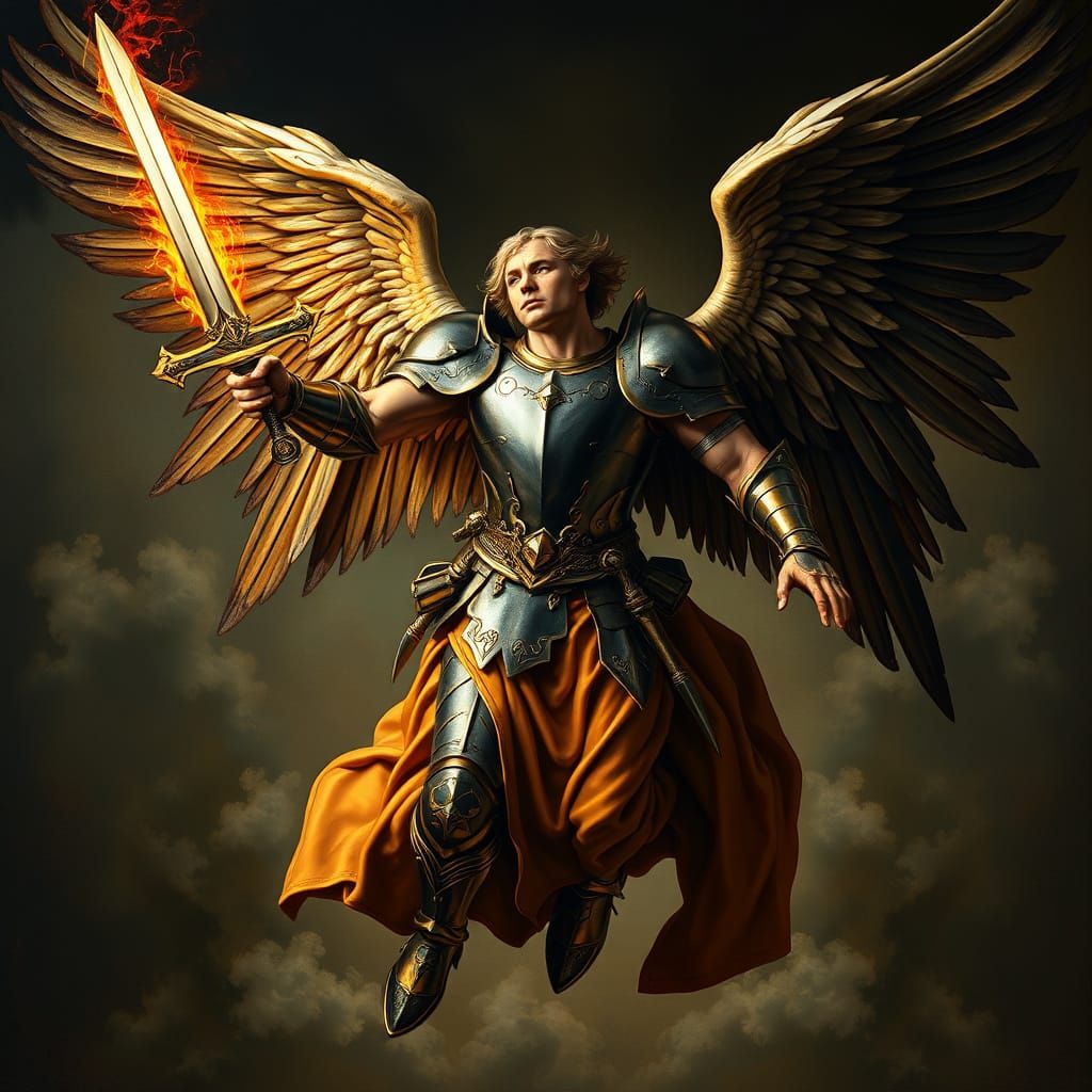Majestic Angel Descends with Flaming Sword in Renaissance Ar...
