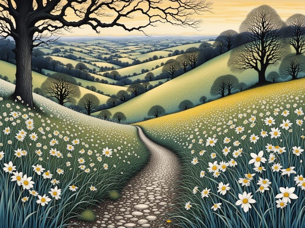 Enchanted Valley with Daffodil Meadows in Whimsical Style