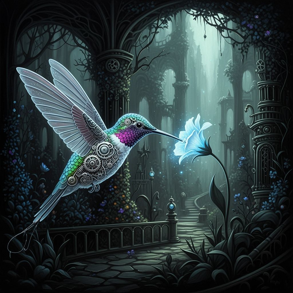 Clockwork Hummingbird in Gothic Garden, Surreal Oil Painting