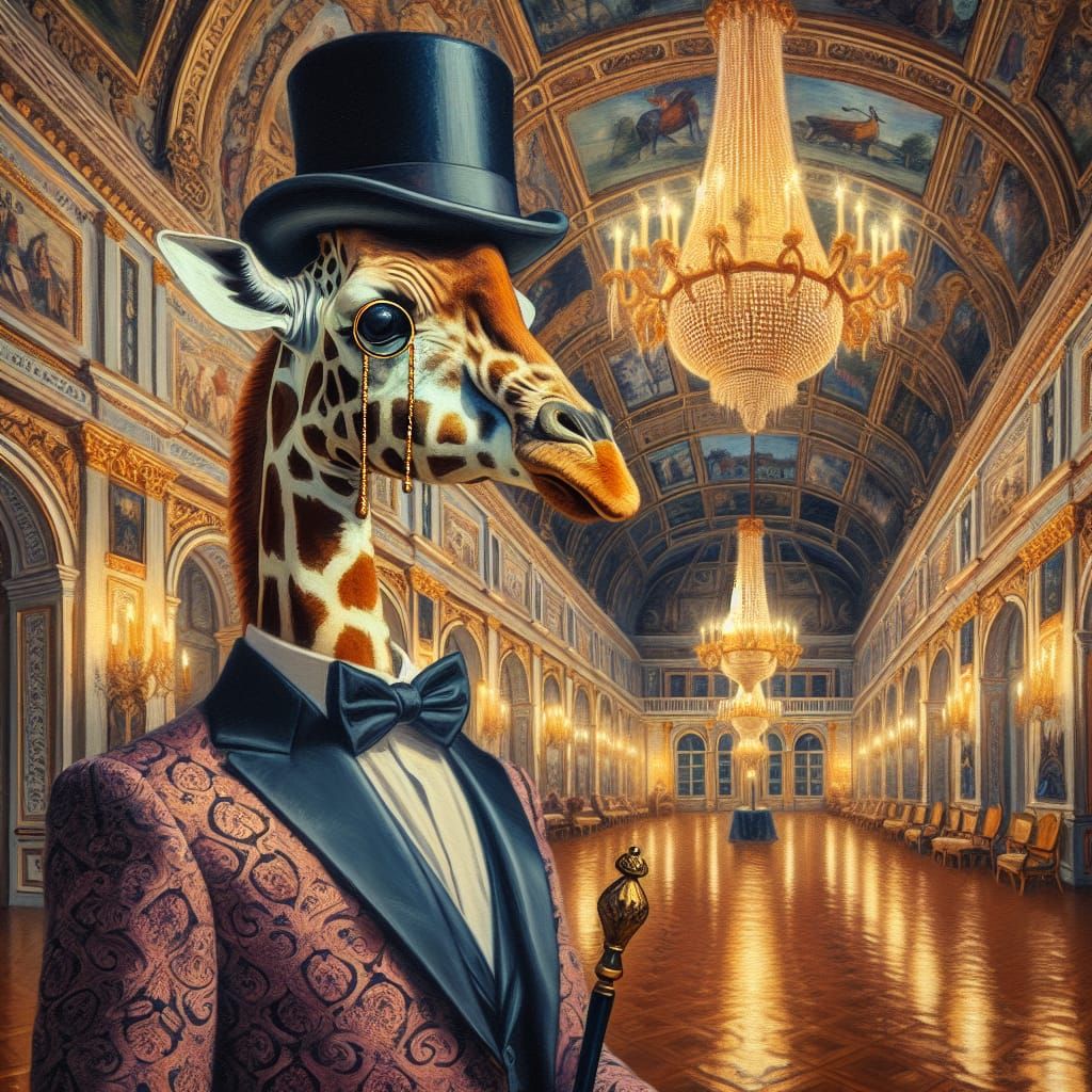 Renaissance Painting of a Giraffe in a tailcoat with a top hat and monocle in a ballroom with and a chandelier