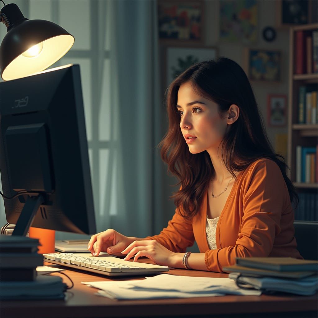 Woman in Cozy Study Working on Natural Language Processing T...