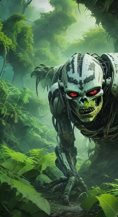 Fierce Alien Hunter Stalks Jungle Prey