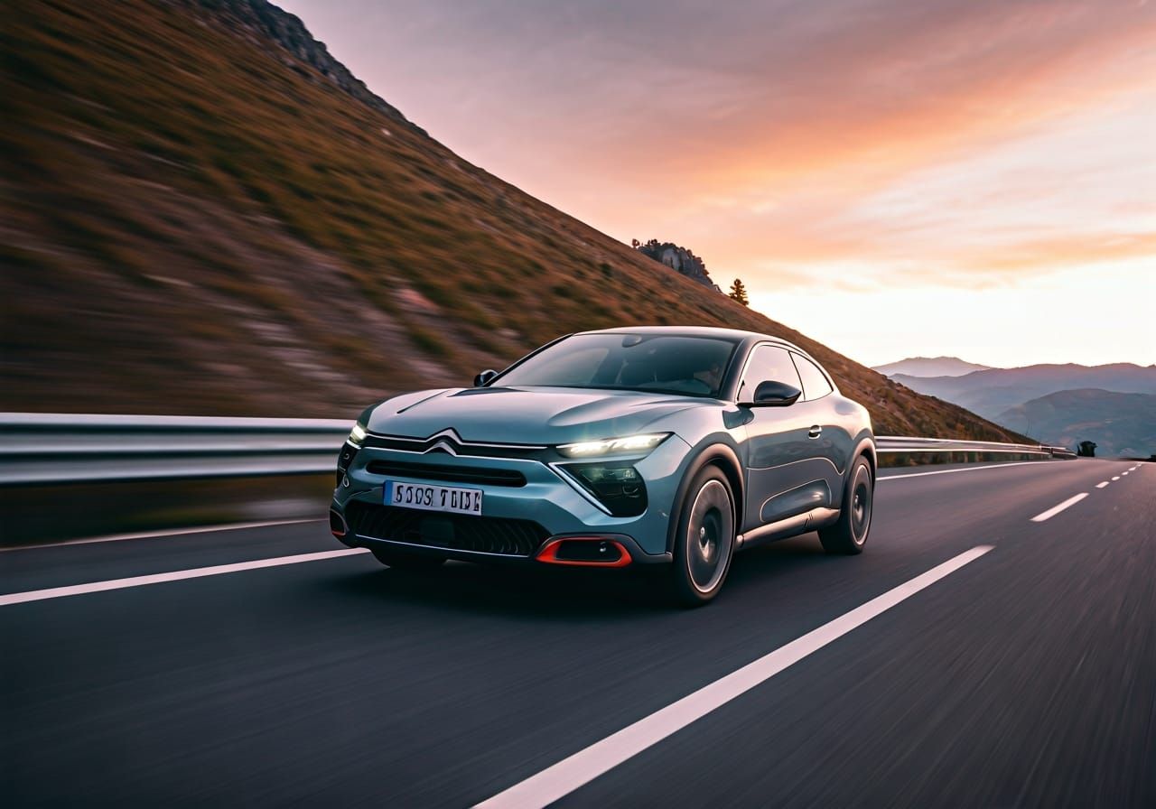Citroën C5-X GT on Mountain Road: Dark Fantasy Art