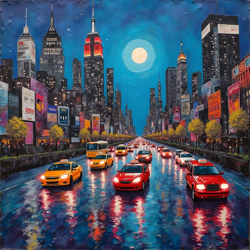 Vibrant Mixed-Media Cityscape at Night