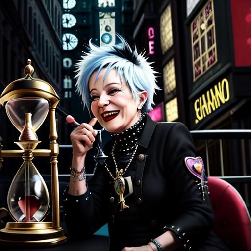 Punk Grandmother with Hourglass in Cityscape