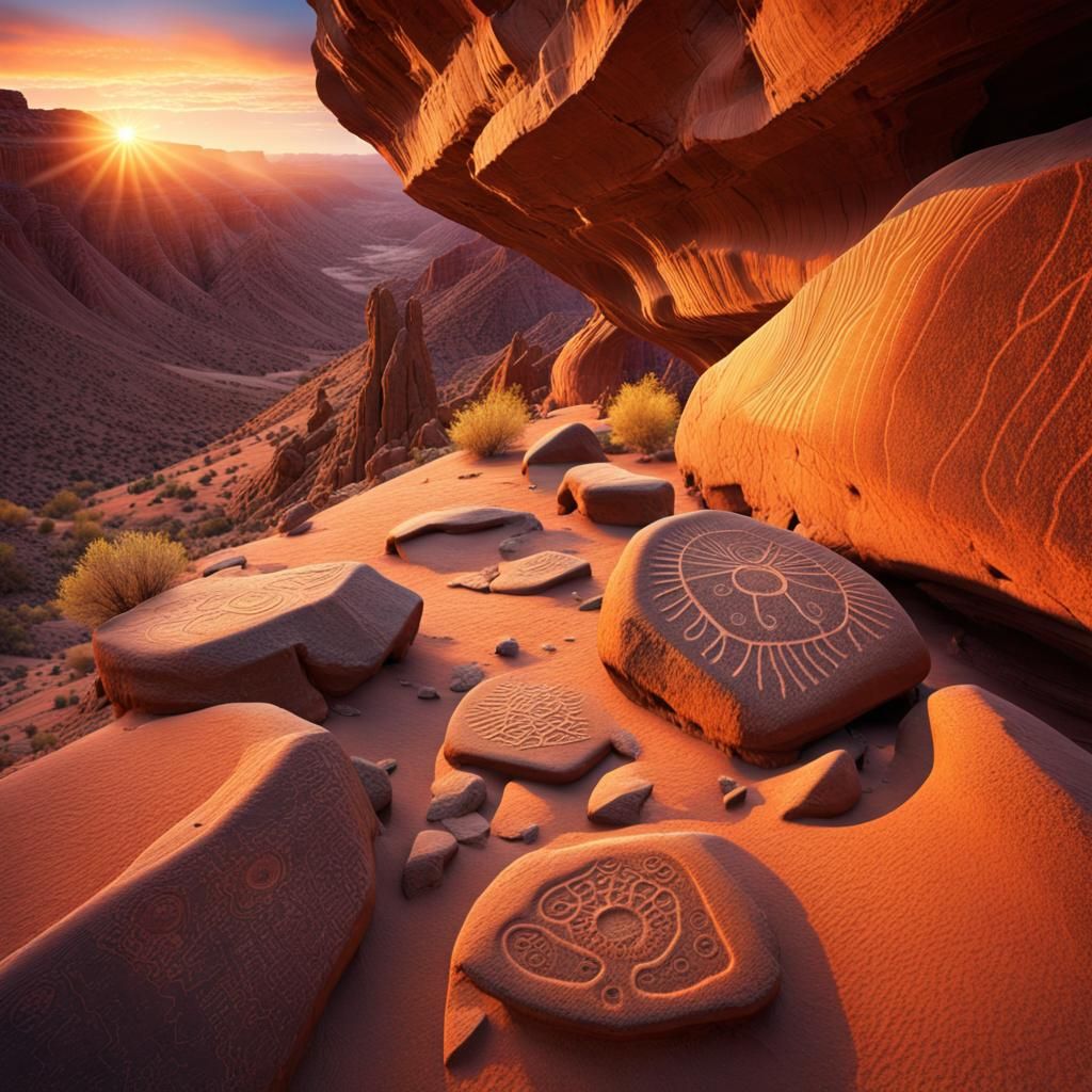 Desert Canyon Sunrise with Ancient Petroglyphs