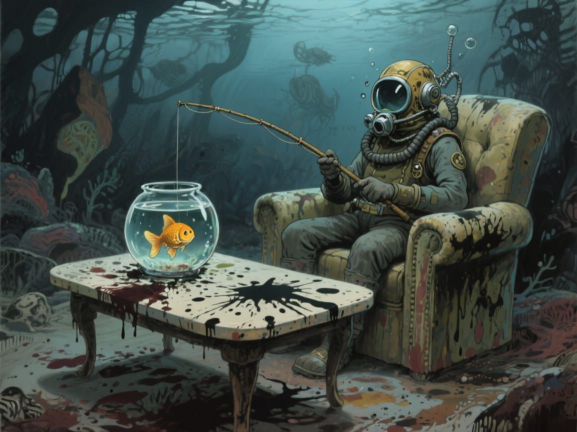 Diver Fishing in Fishbowl: Studio Ghibli Style