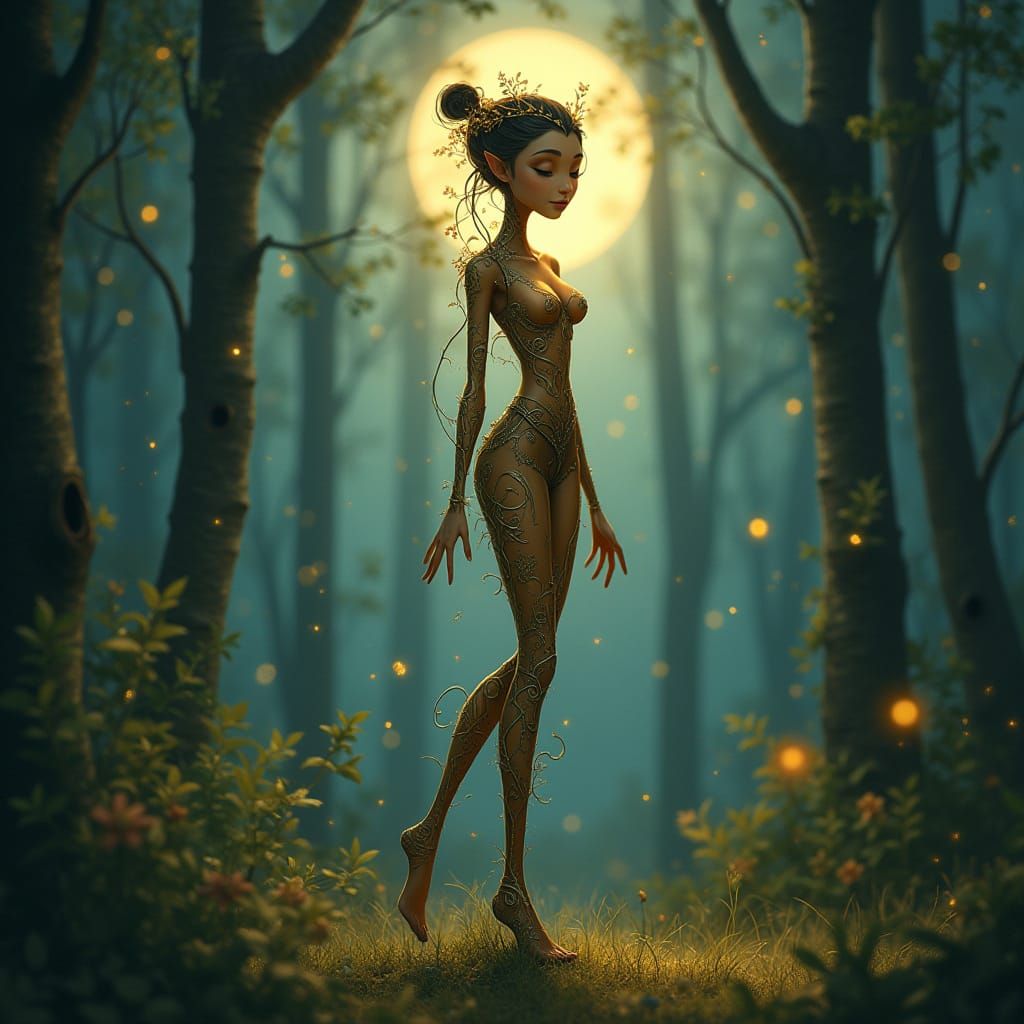 Ethereal Birch Princess in Moonlit Forest