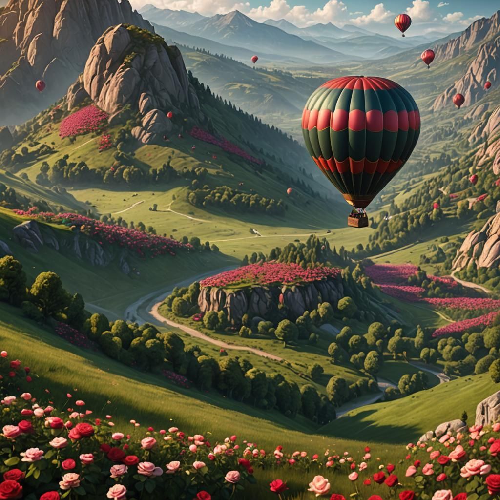 Hot Air Balloon over Rose Meadow: Fantasy Art