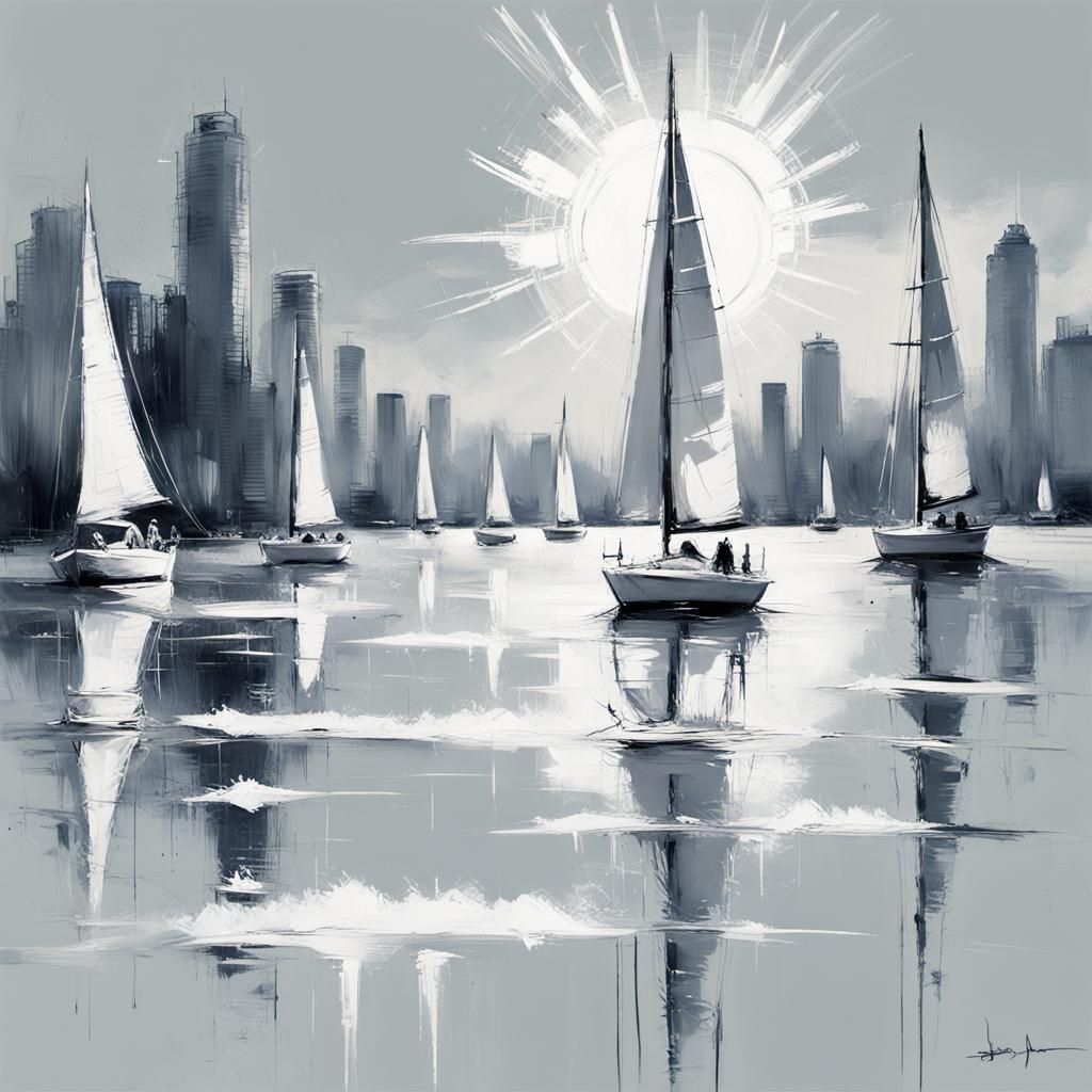 Sailboats Drifting off San Diego: Distressed Acrylic Paintin...