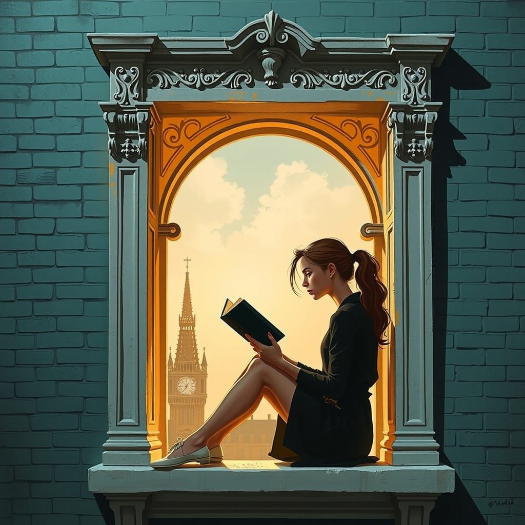Woman Reading in Window Niche: Comic Book Art