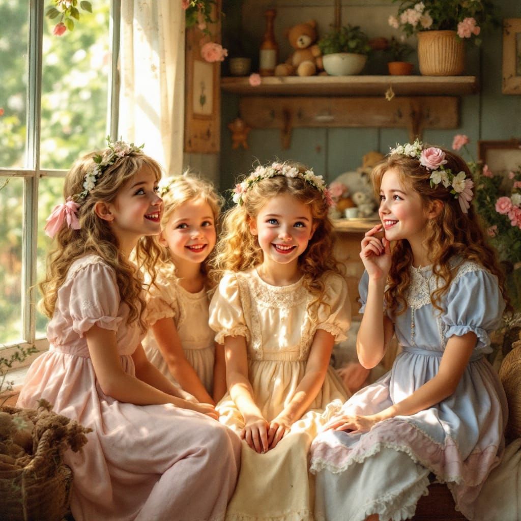 Vintage Naif Scene: Playful Girls in Pastel Hues