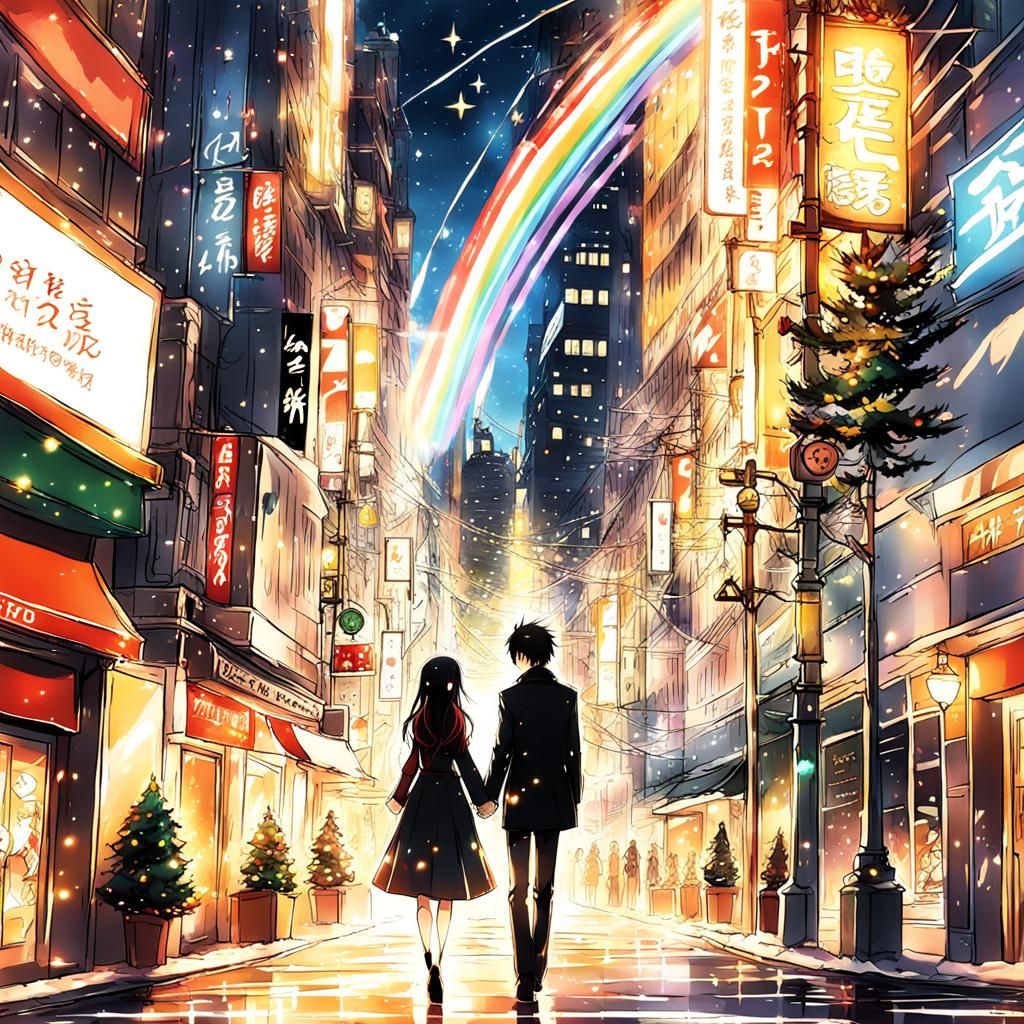 Anime Couple's Radiant Christmas in New York